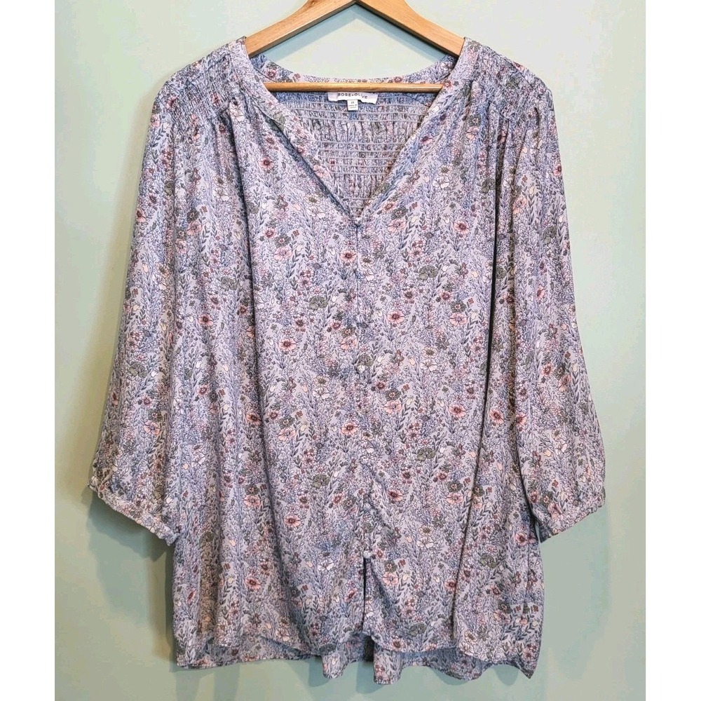 Rose & Olive Blue Floral Flowy Button Up 3/4 Sleeve Top 2X